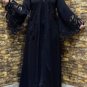 Elegant Black Lace Abaya with Contrast Lace Trim - Long Sleeve,